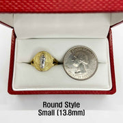 14k Gold Saint Benedict ring and quarter dollar coin in a red box with text indicating size.
