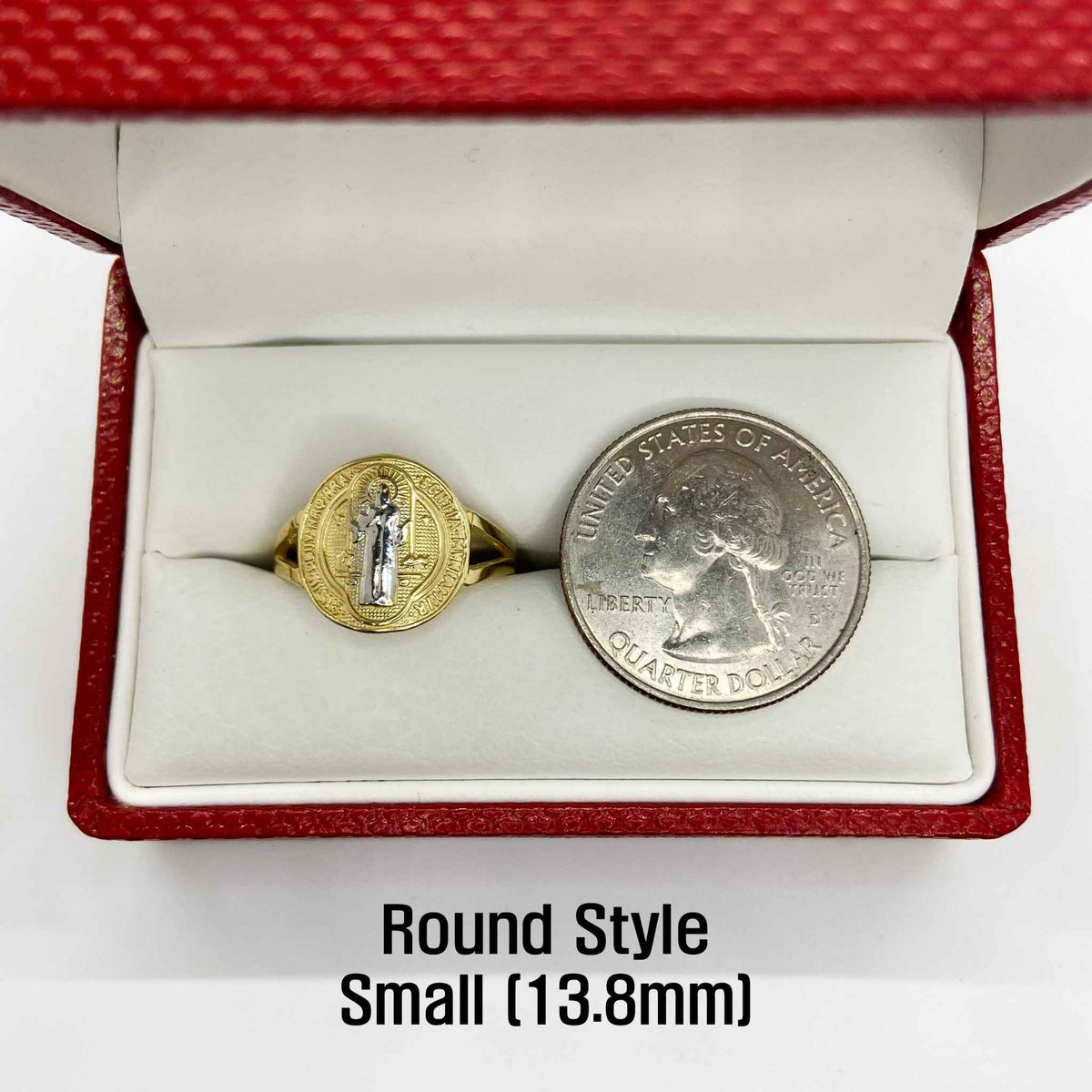 14k Gold Saint Benedict ring and quarter dollar coin in a red box with text indicating size.