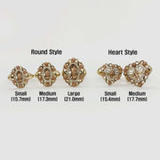 Set of five 14k gold rings with round and heart designs, labeled for size.