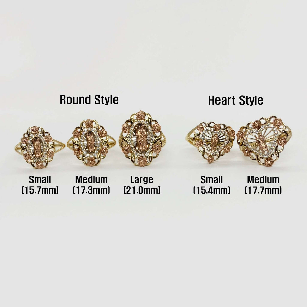 Set of five 14k gold rings with round and heart designs, labeled for size.