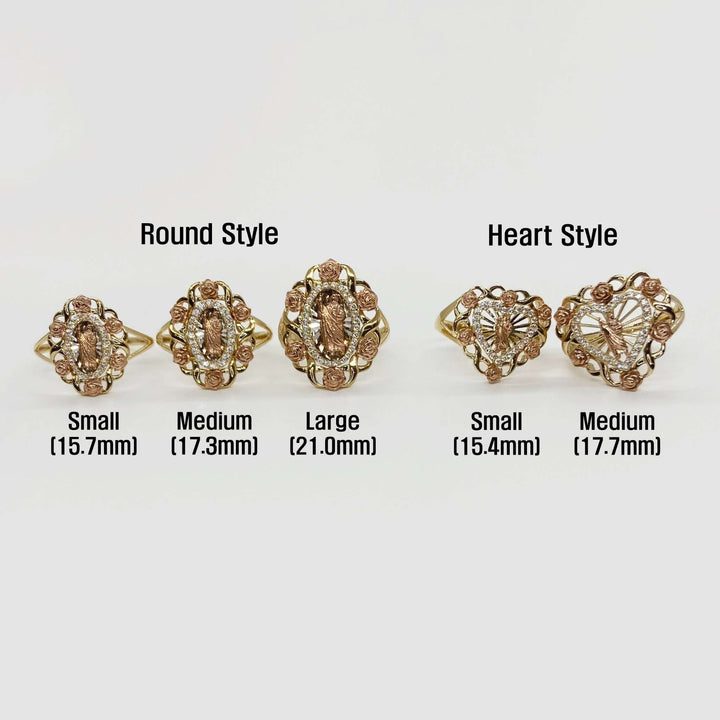 Set of five 14k gold rings with round and heart designs, labeled for size.