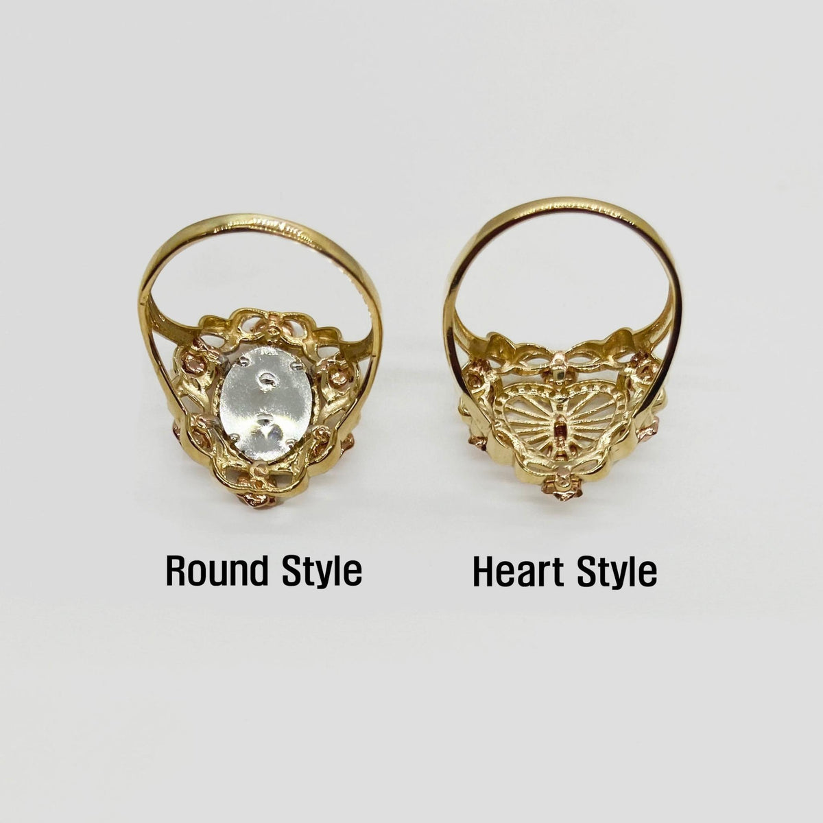 Two 14k gold rings, one round and one heart shaped, back view on a white background.