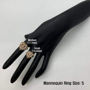 Two 14k gold heart rings on a black mannequin hand with size labels, against a white background