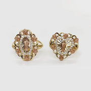 Two 14k Gold Saint Jude San Judas Rose Round Circle Heart Ring front view on a white background