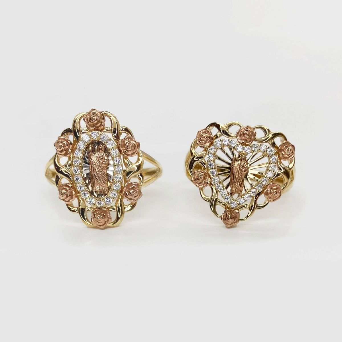 Two 14k Gold Saint Jude San Judas Rose Round Circle Heart Ring front view on a white background