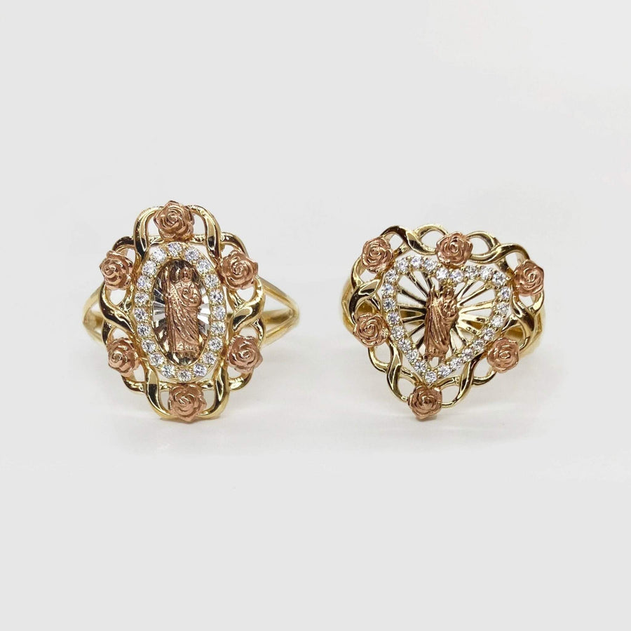 Two 14k Gold Saint Jude San Judas Rose Round Circle Heart Ring front view on a white background