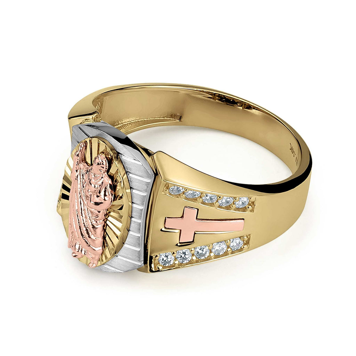 Side view of a 14k tricolor gold San Judas ring featuring a rose gold cross.
