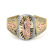 14k tricolor gold San Judas Luxe ring showing rose gold figure and side crosses.