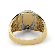 Underside view of a 14k tricolor gold San Judas Luxe ring on white background.
