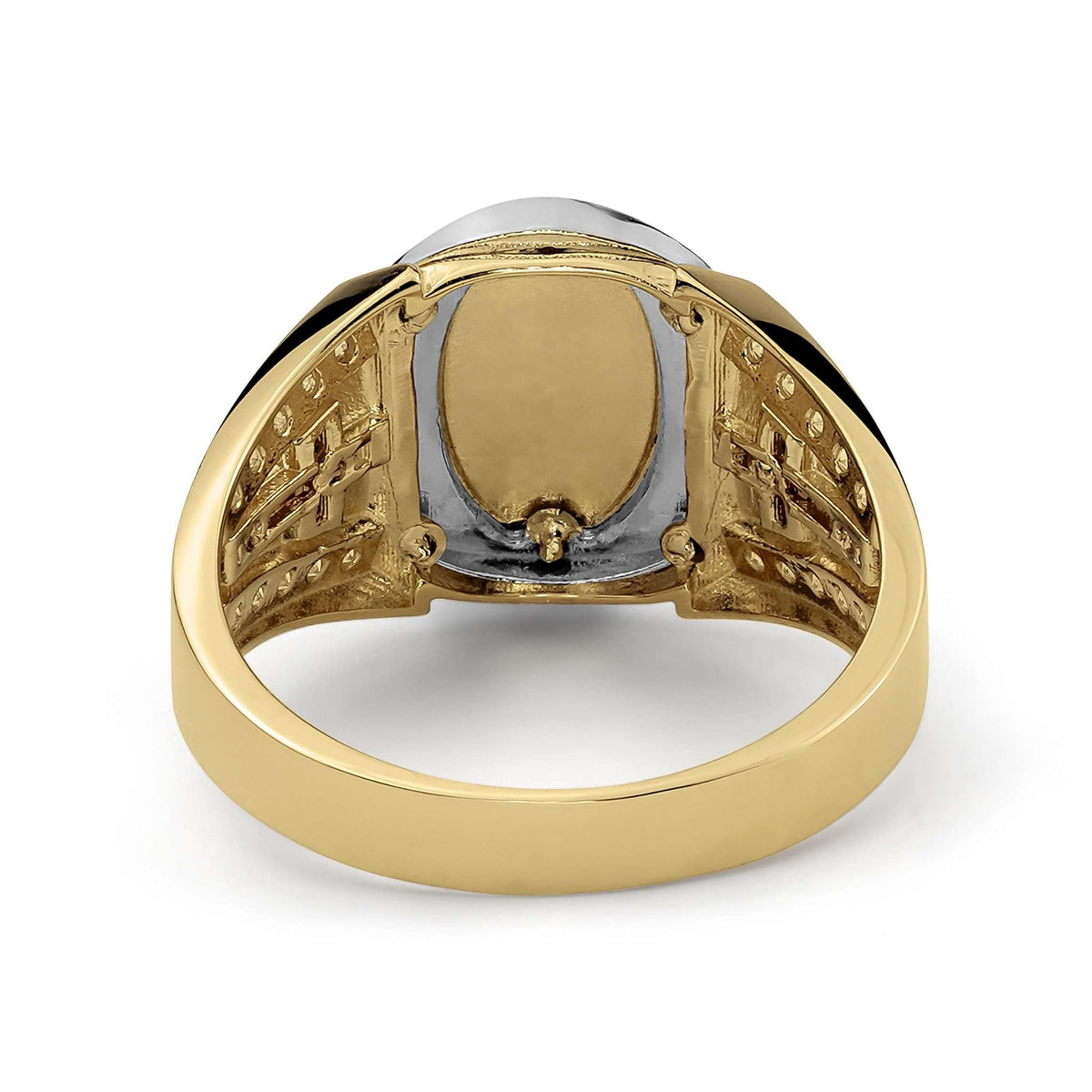 Underside view of a 14k tricolor gold San Judas Luxe ring on white background.