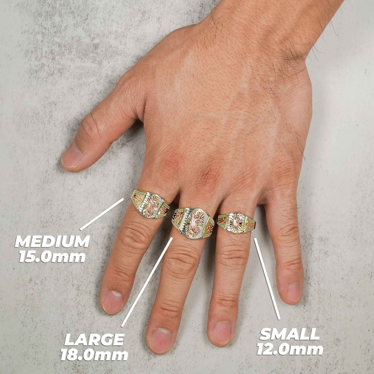 Small, medium, and large tricolor gold San Judas rings modeled with size labels.