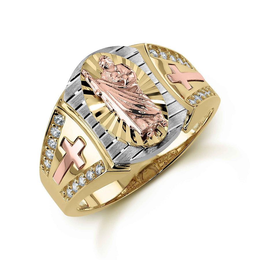 14k yellow, white, and rose gold Saint Jude ring featuring cubic zirconia.