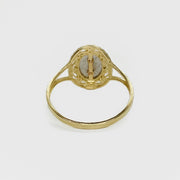 14k Gold ring with a oval shape design back view on a white background.