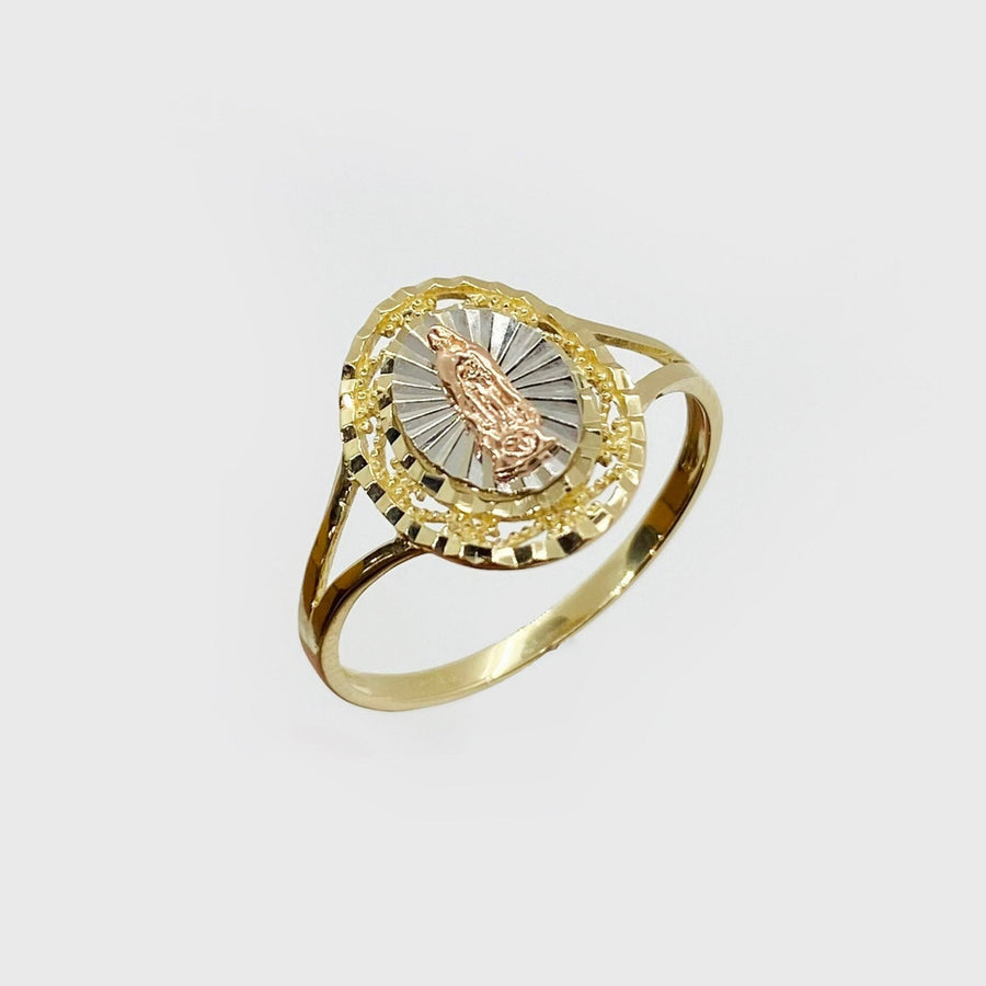 14k Gold oval ring with a Virgin Mary Tri-Color design on a white background.
