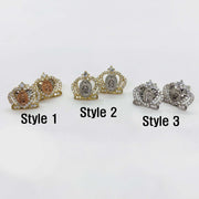 Three variations of 14k gold Virgin Mary crown stud earrings labeled Style 1, 2, and 3.