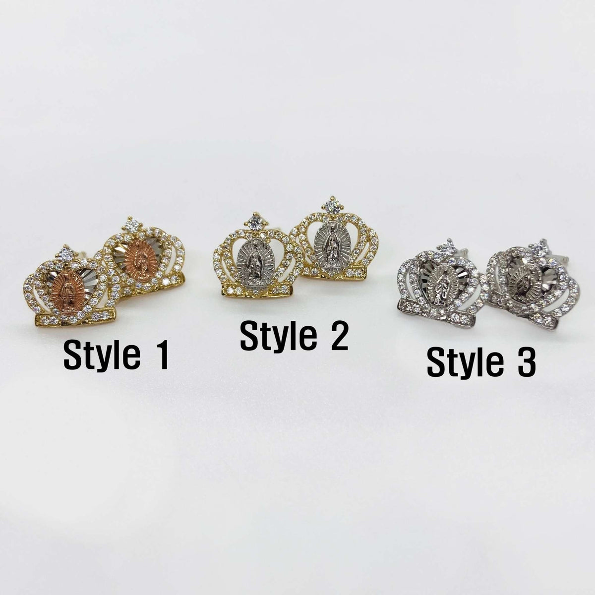 Three variations of 14k gold Virgin Mary crown stud earrings labeled Style 1, 2, and 3.