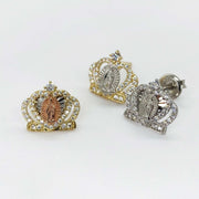 Three 14k gold Virgin Mary royal crown stud earrings in rose, yellow, and white gold.