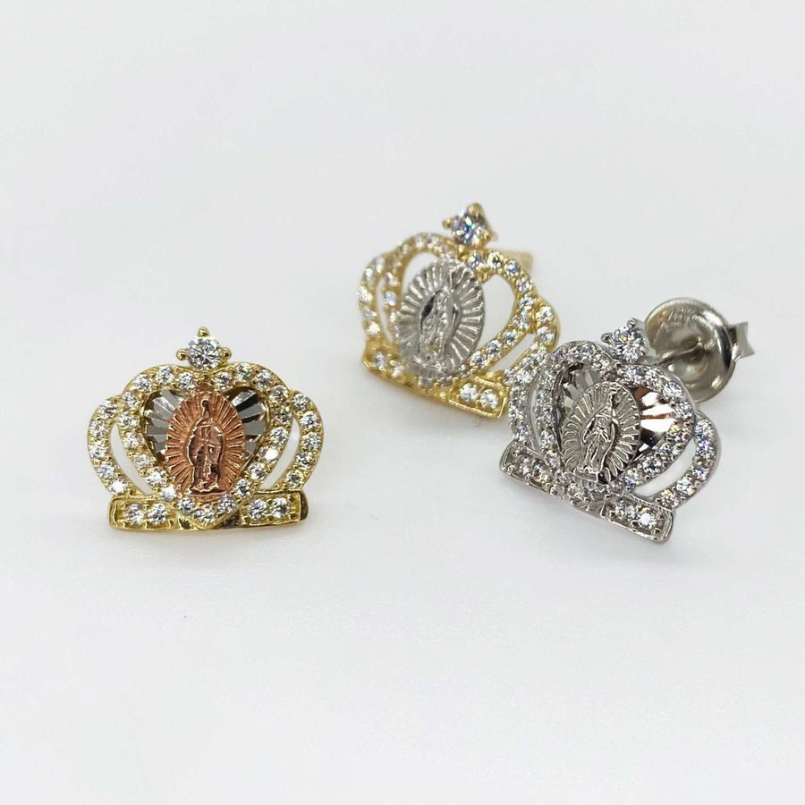 Three 14k gold Virgin Mary royal crown stud earrings in rose, yellow, and white gold.
