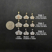 Grid display comparing sizes and color variations of 14k gold Virgin Mary royal crown CZ pendants alongside a quarter.