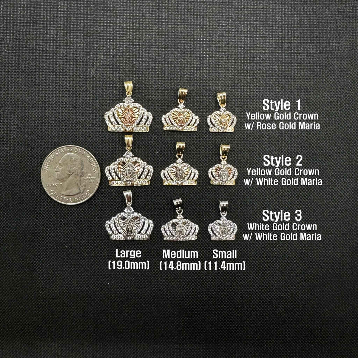 Grid display comparing sizes and color variations of 14k gold Virgin Mary royal crown CZ pendants alongside a quarter.