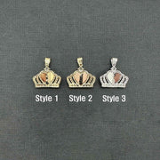Three style variations of 14k gold Virgin Mary CZ crown pendants displayed side-by-side.