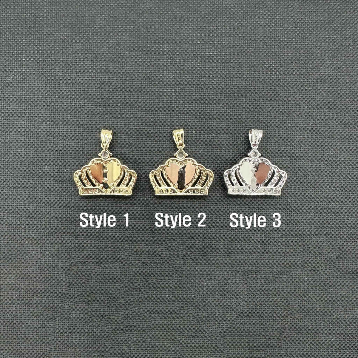 Three style variations of 14k gold Virgin Mary CZ crown pendants displayed side-by-side.