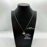 Style 1 Large 14k gold Virgin Mary crown pendant shown on a black display bust.