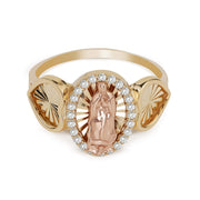 Yellow and rose gold Our Lady of Guadalupe heart-sided ring with cubic zirconia accents
