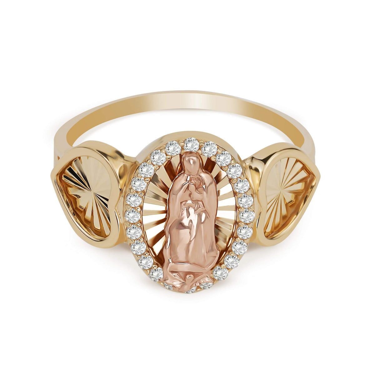 Yellow and rose gold Our Lady of Guadalupe heart-sided ring with cubic zirconia accents