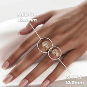 Size comparison of 14k gold Virgin Mary Guadalupe heart-sided two-tone rings on fingers