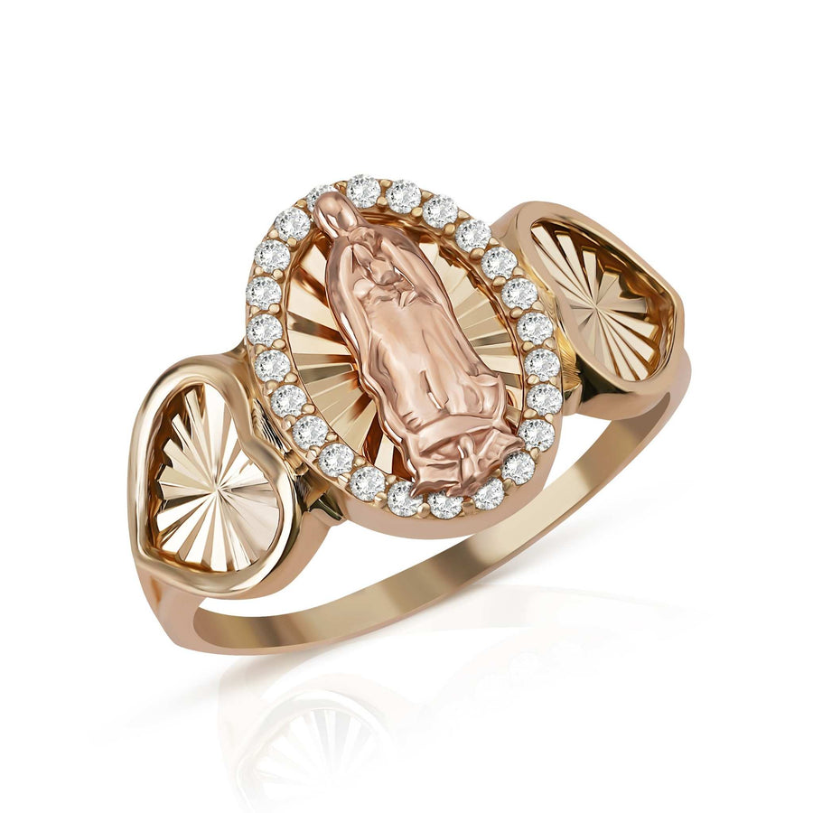Yellow and rose gold heart-sided ring showcasing Our Lady of Guadalupe with cubic zirconia.