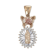 14k tri-color gold Guadalupe pendant featuring a rose butterfly top and cubic zirconia halo.