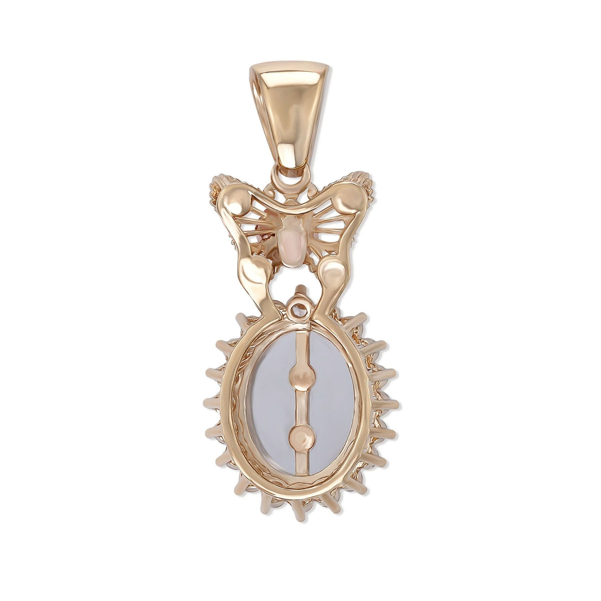Back view of a 14k gold Virgin Mary Guadalupe pendant showing hollowed structure and butterfly top.