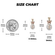 Size chart comparing X Small and Small Virgin Mary Guadalupe pendants to a U.S. quarter.