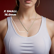 Woman wearing X Small 16.0mm gold Virgin Mary Guadalupe pendant necklace on a chain.