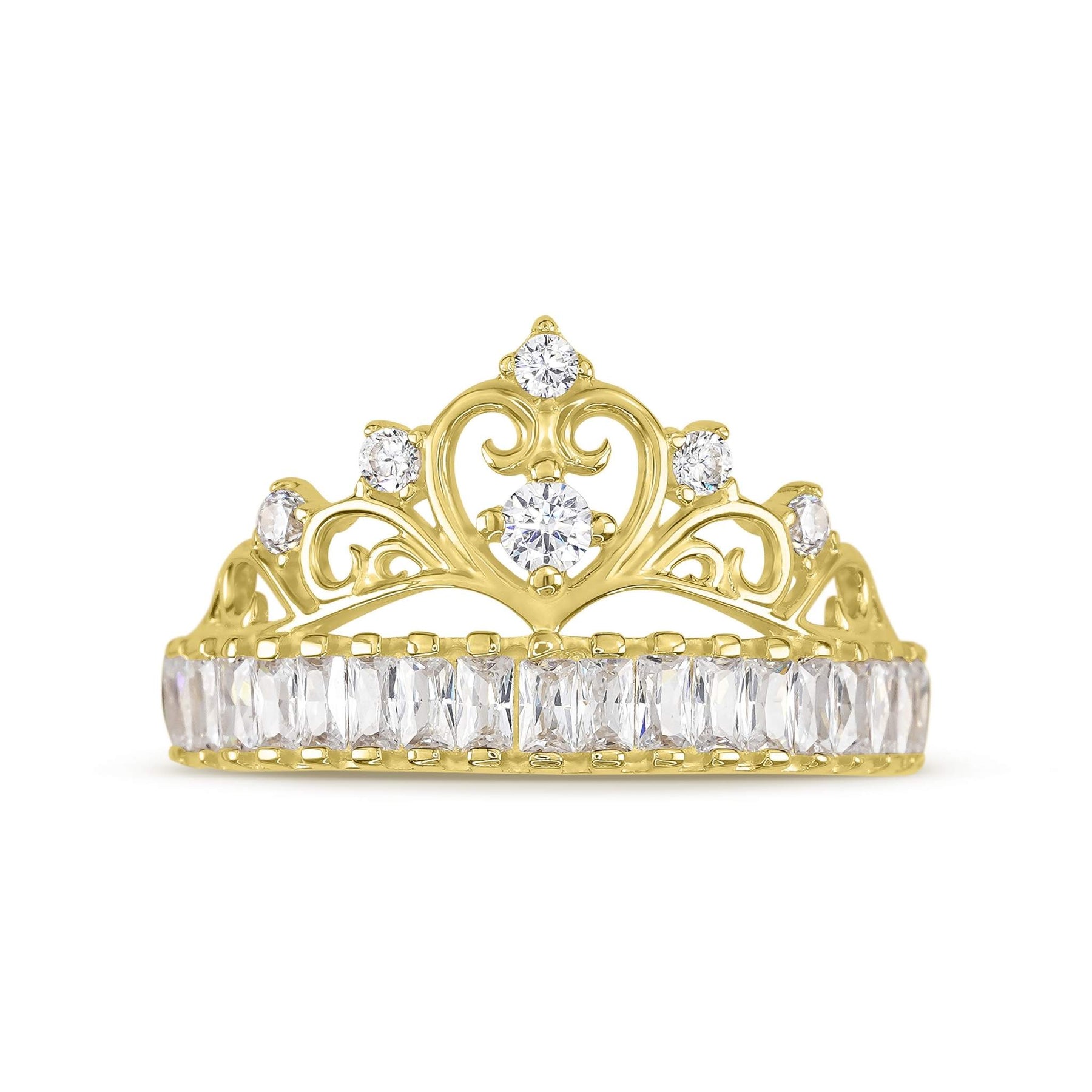 Women's 14k yellow gold queen tiara fashion ring set with clear cubic zirconia.