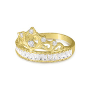 Side profile of a 14k gold princess crown ring featuring channel-set rectangular cubic zirconia