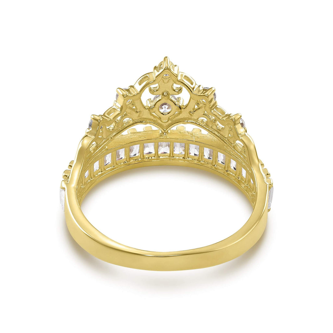 Rear angle of a 14k gold princess crown ring highlighting its polished inner band.