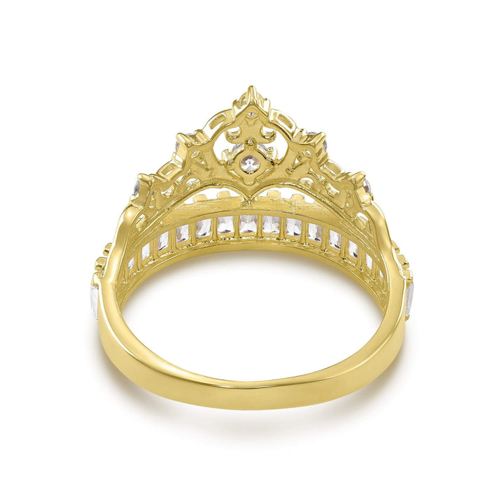 Rear angle of a 14k gold princess crown ring highlighting its polished inner band.
