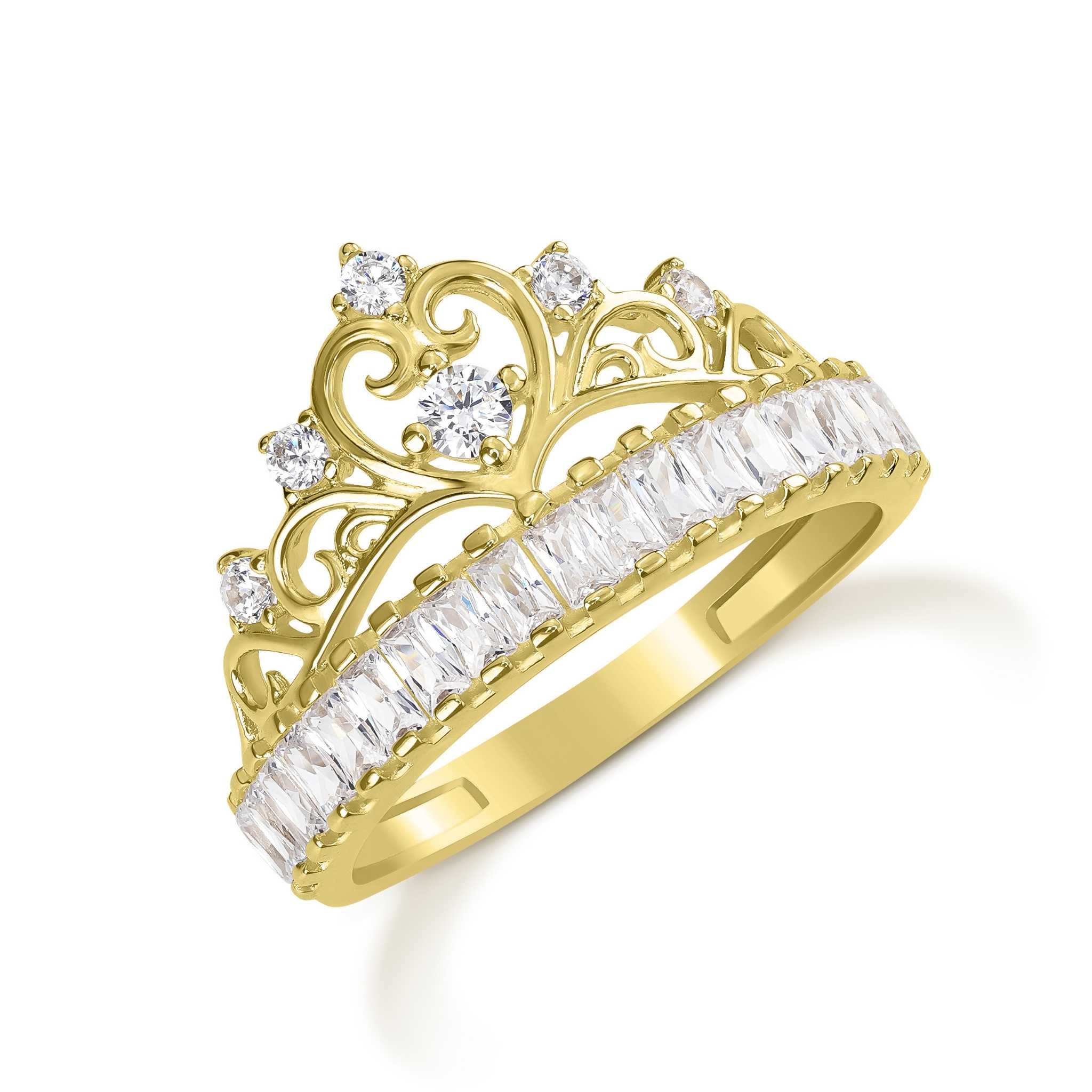 14k yellow gold princess crown ring detailed with round and rectangular cubic zirconia.