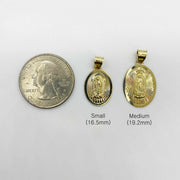 Size comparison chart showing small and medium gold Virgin Mary pendants next to a quarter