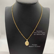 Medium gold Virgin Mary oval pendant necklace on figaro chain displayed on black bust.