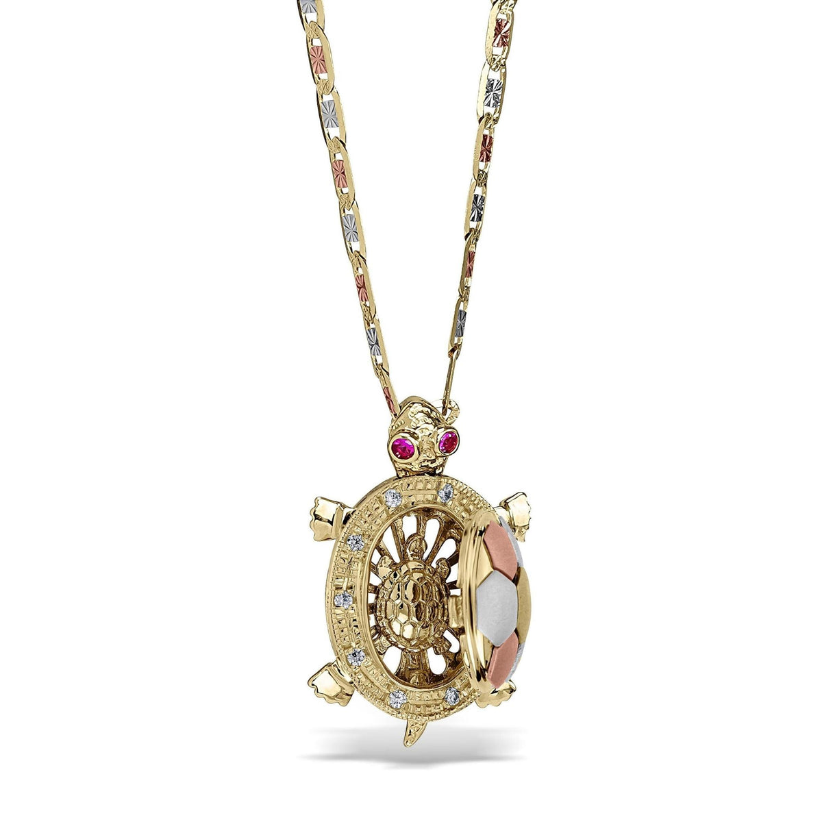 Tricolor gold tortoise pendant with open shell revealing a miniature baby turtle inside