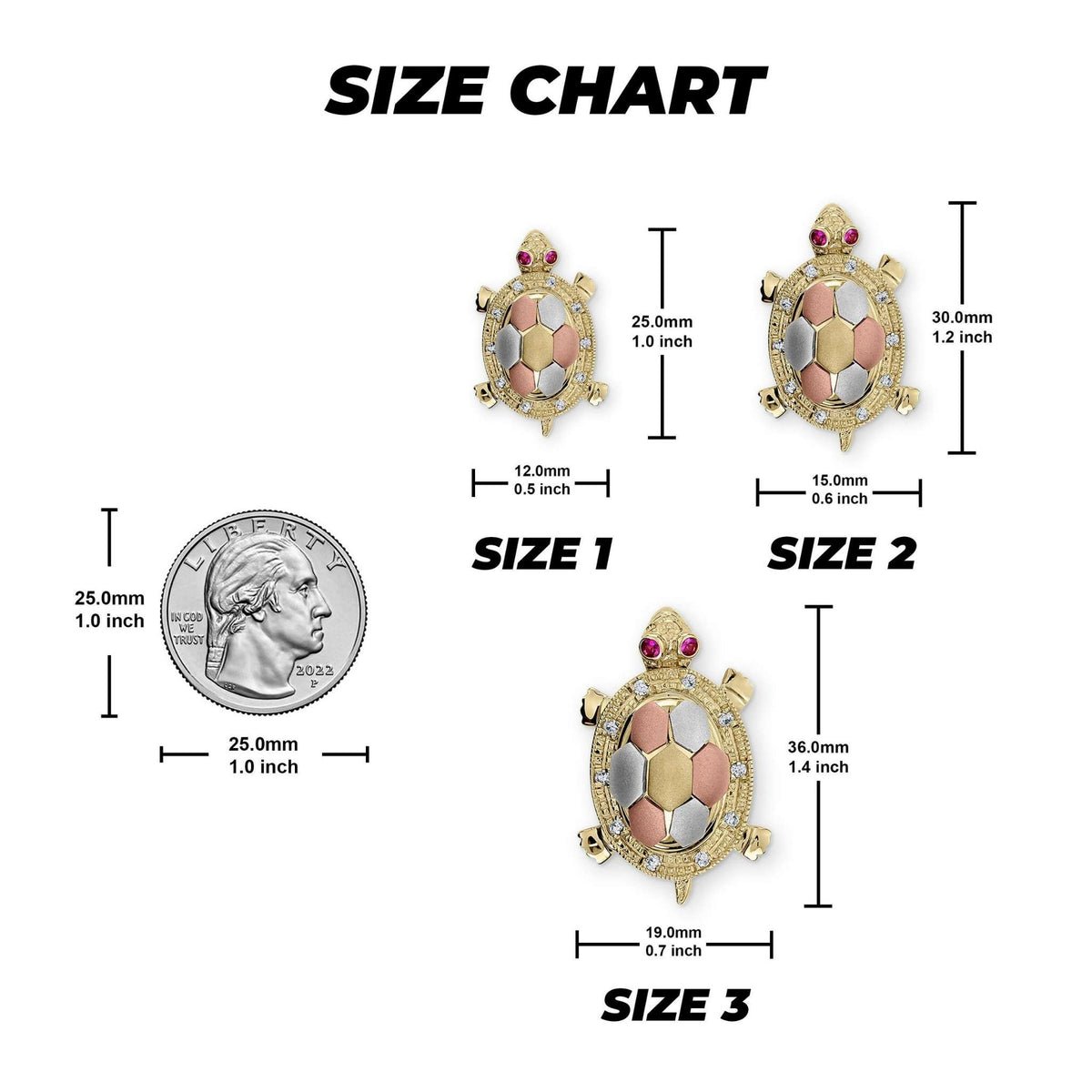 Size chart showing three tricolor gold tortoise pendants with measurements next to a quarter.