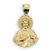 Front close-up of a 14k gold matte San Judas half-body pendant charm.
