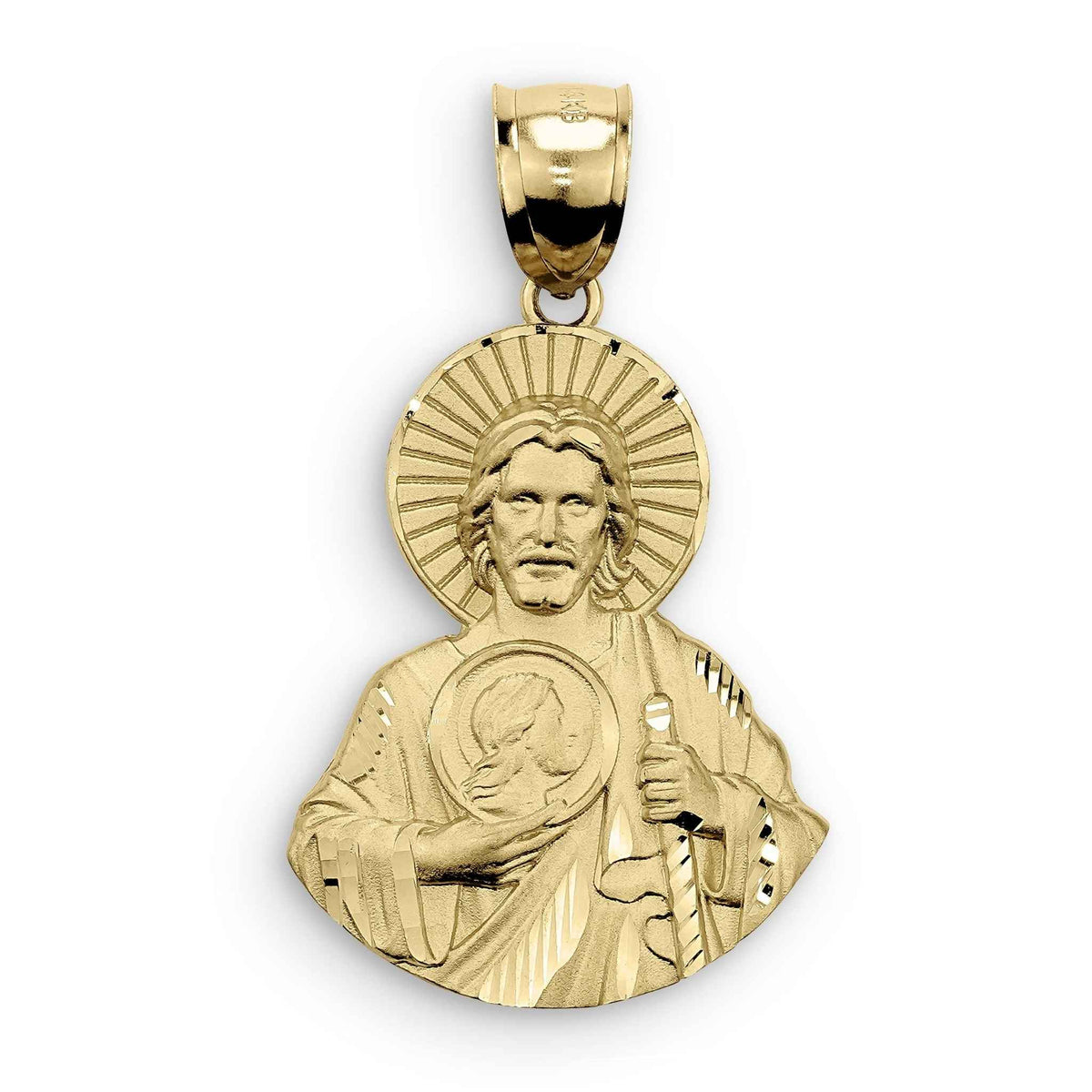 Front close-up of a 14k gold matte San Judas half-body pendant charm.