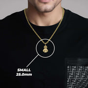 Model wearing a Small 25.0mm 14k gold San Judas half-body pendant.