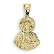Back view of a 14k yellow gold matte San Judas half body pendant on white.