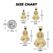 Size chart graphic displaying dimensions for four 14k gold San Judas pendant sizes.