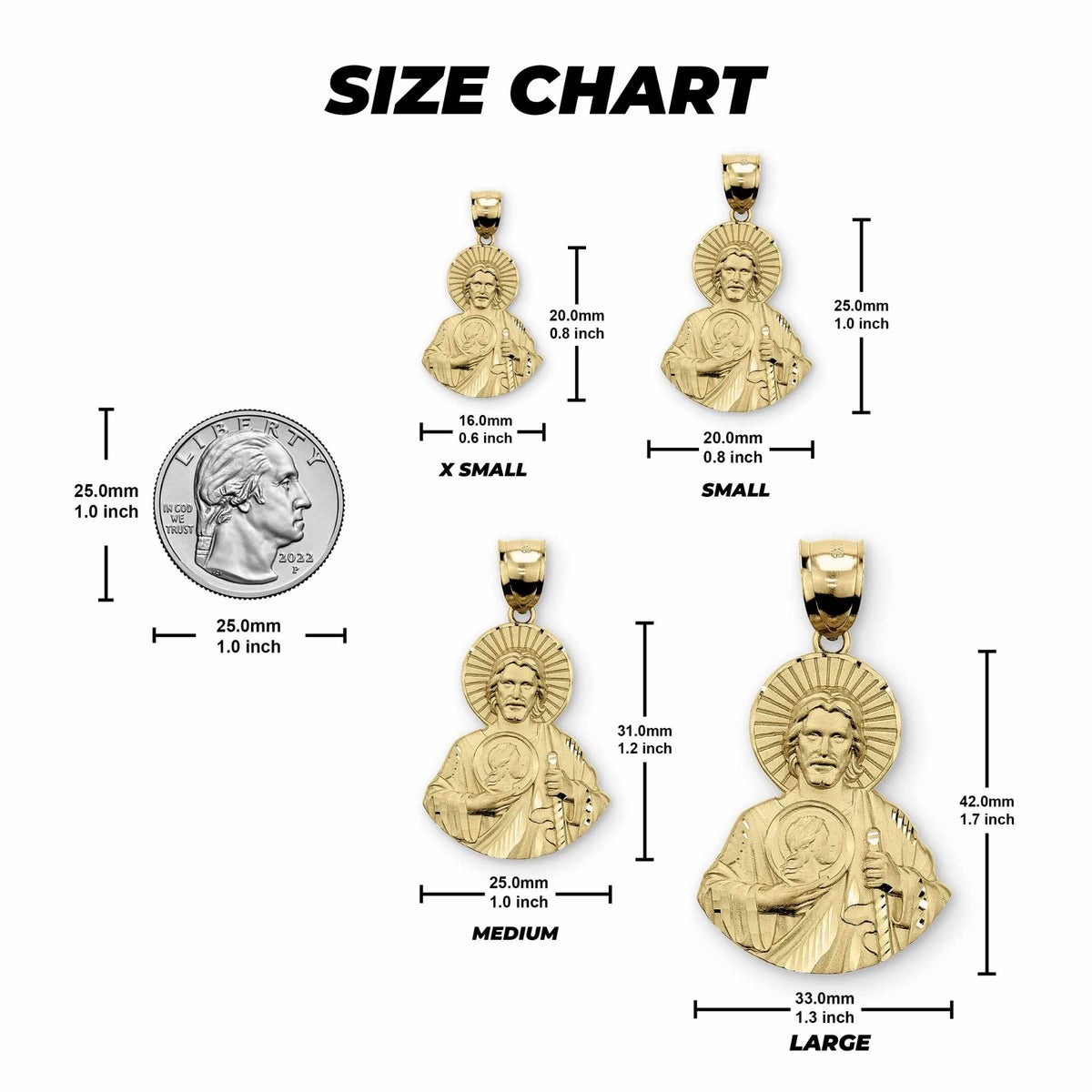 Size chart graphic displaying dimensions for four 14k gold San Judas pendant sizes.